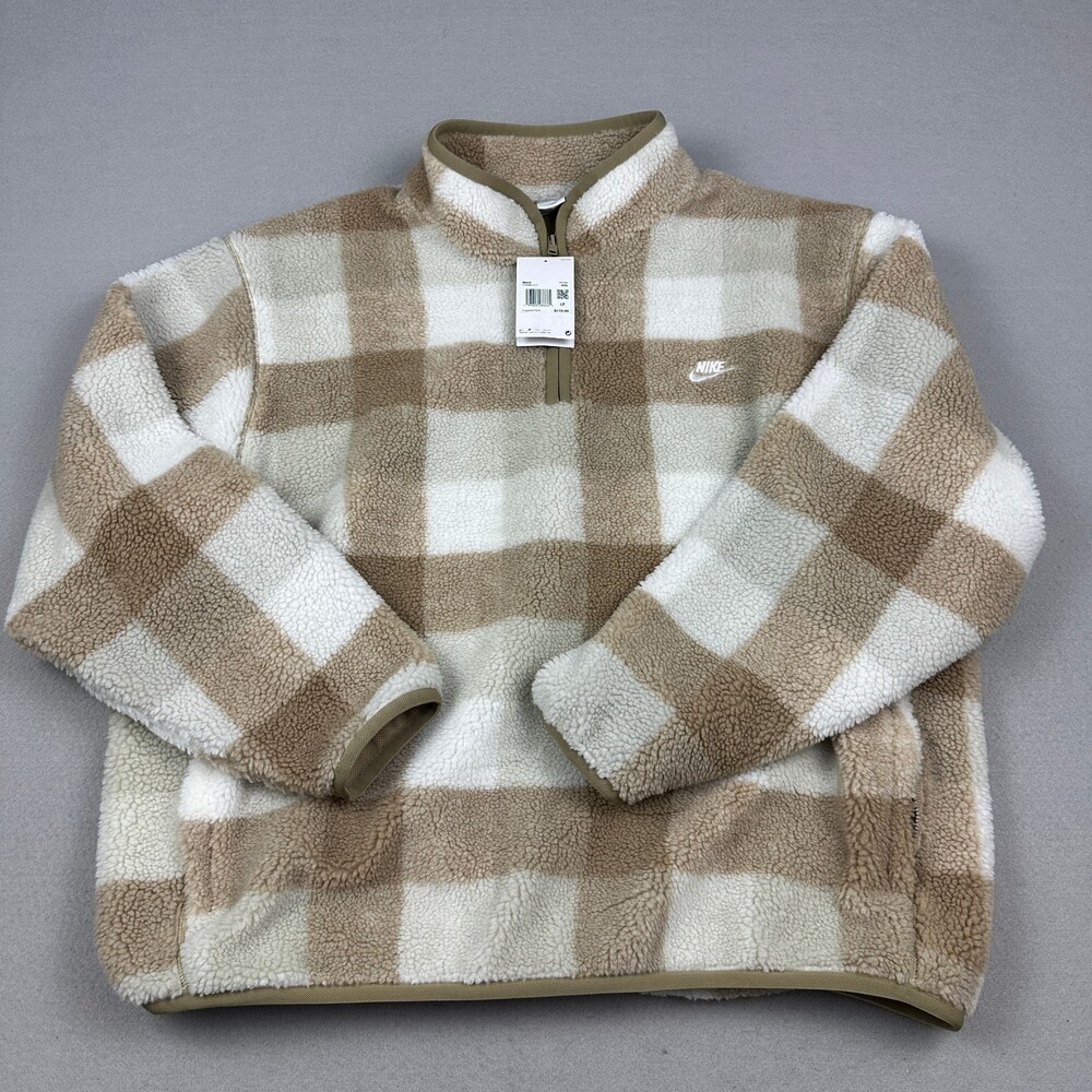 Nike Jacket Men 2XL Brown Plaid 1/4 Zip Sherpa Fleece Pullover Pocket XXL NWT